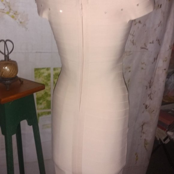 Off Shoulder Light Peach & Rhinestone Bodycon Dress - Picture 3 of 6